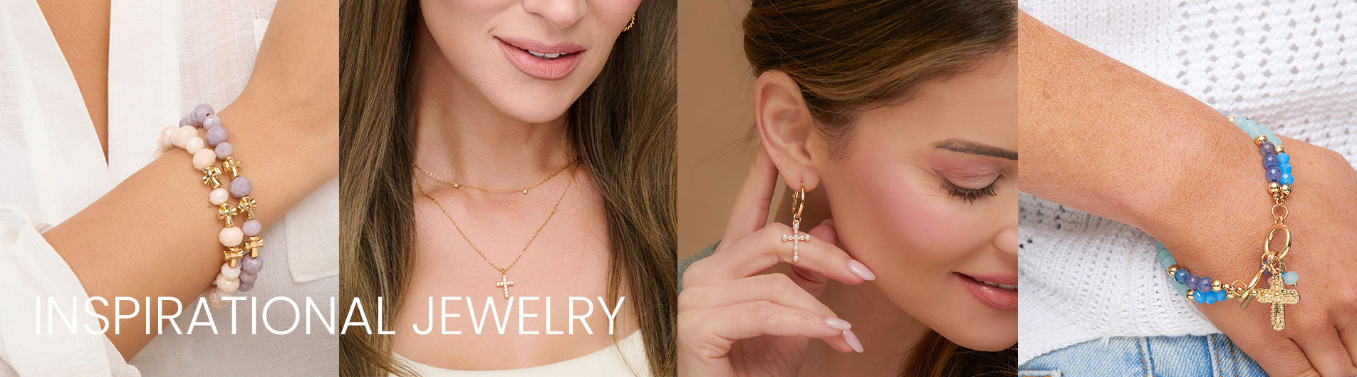 Collage of jewelry including bracelets and earrings with a neutral background.