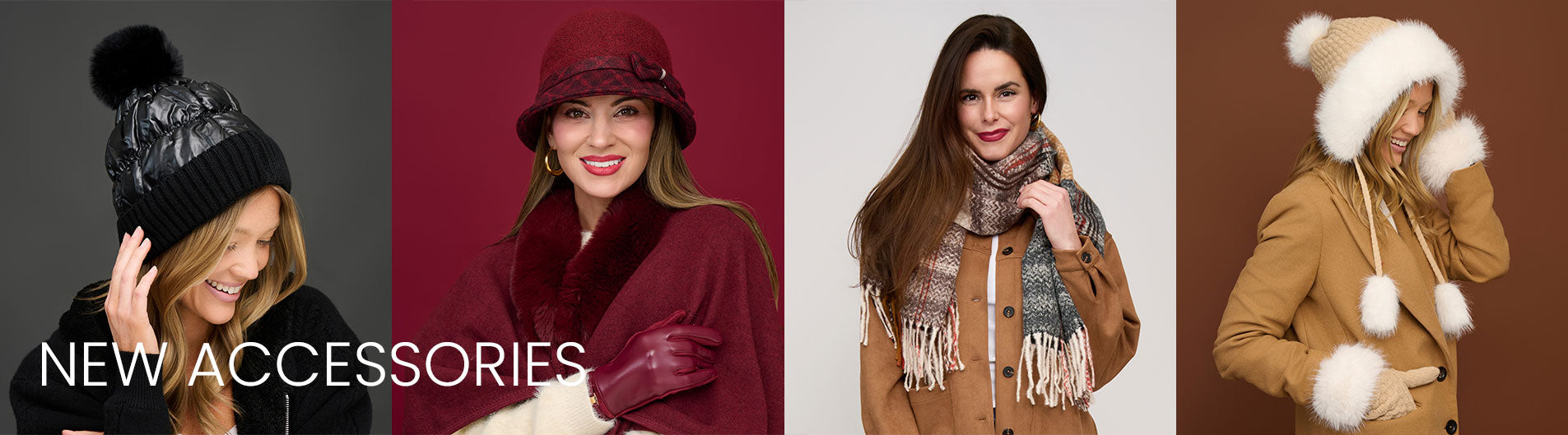Four women wearing different winter accessories including hats, scarves, and coats on a gray background.
