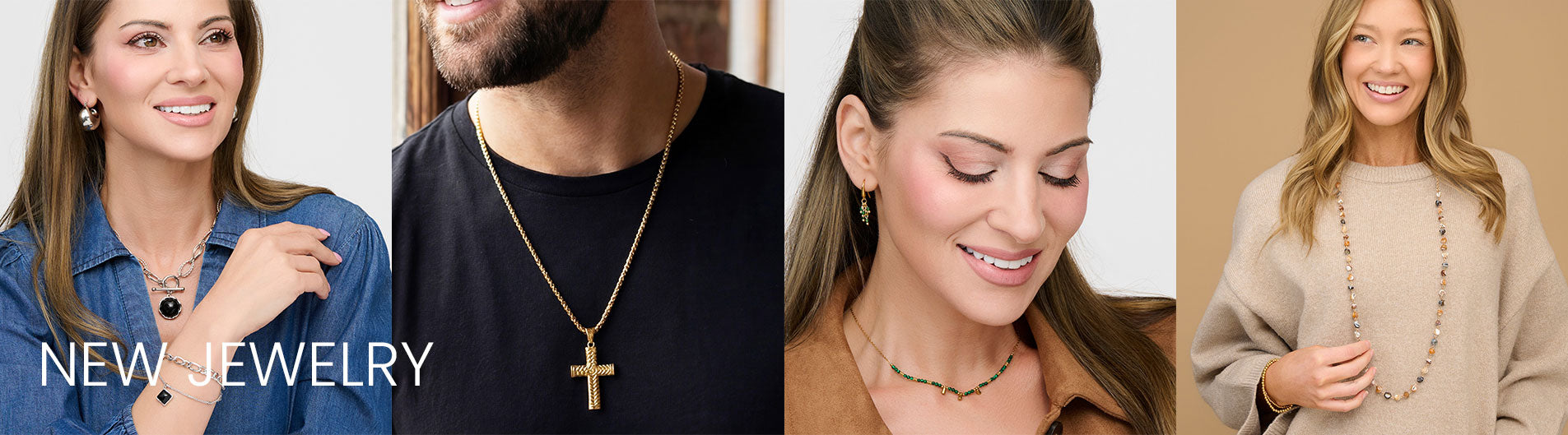 Collage of people wearing jewelry with 'NEW JEWELRY' text.
