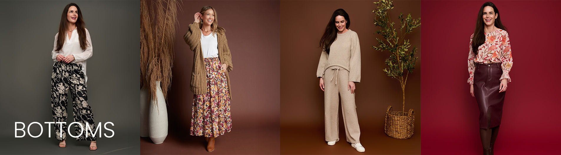 Collage of a woman wearing different outfits with 'BOTTOMS' text on a gray background.