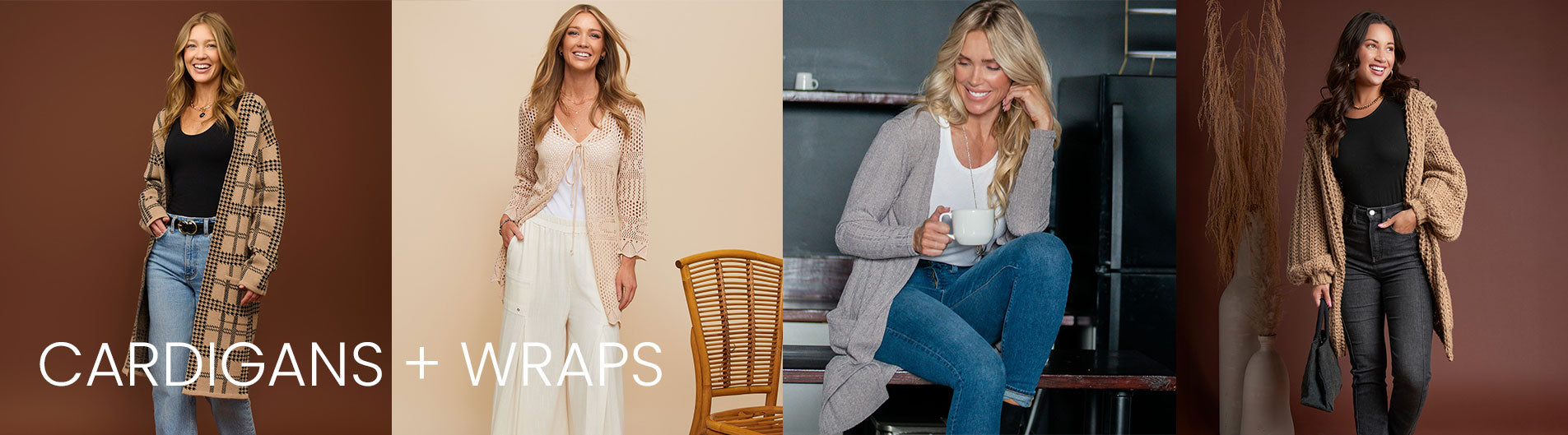 Collage of a woman wearing cardigans and wraps in different settings.