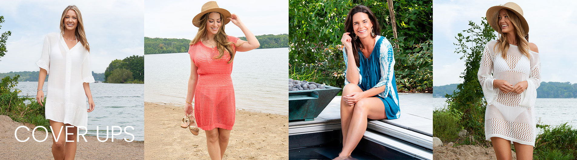 Four women wearing cover-ups by a lake and on a boat.