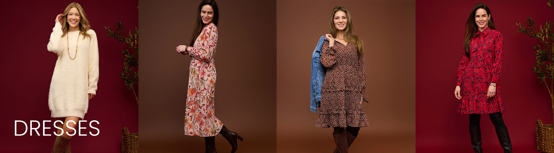 Four women modeling dresses in different styles against a brown and red background.