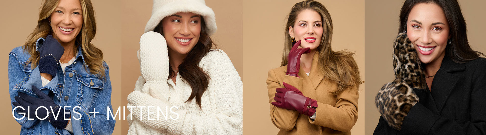 Four women wearing gloves and mittens with text 'Gloves + Mittens' on a beige background