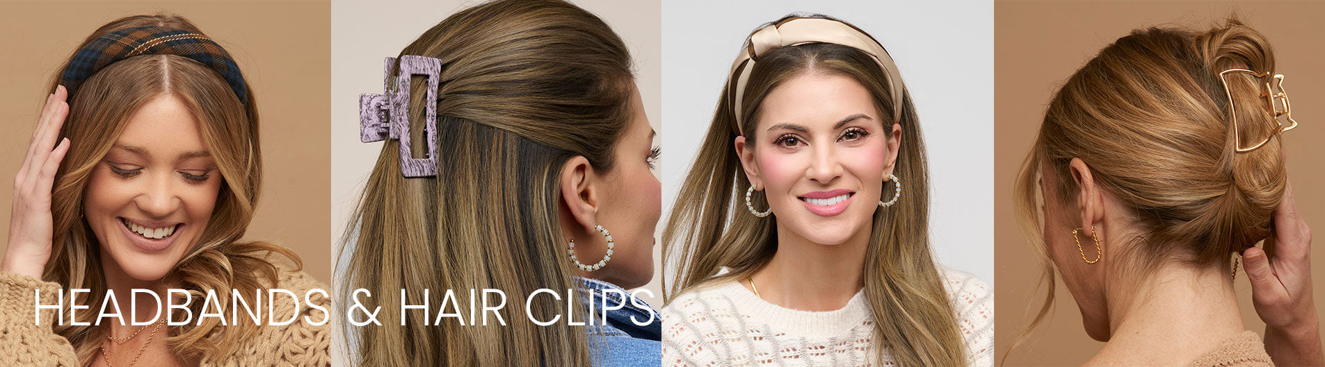Collage of women wearing headbands and hair clips with text 'HEADBANDS & HAIR CLIPS'.