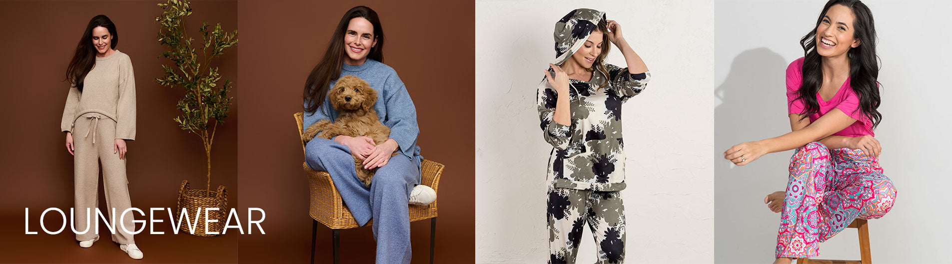 Four women in various styles of loungewear with 'Loungewear' text.