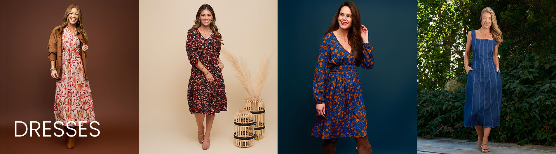 Four different women wearing dresses in various settings with 'DRESSES' text.