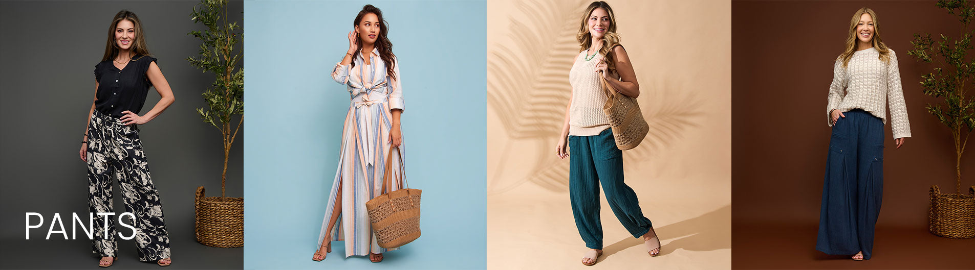 Four different women modeling outfits with text 'PANTS' on a plain background