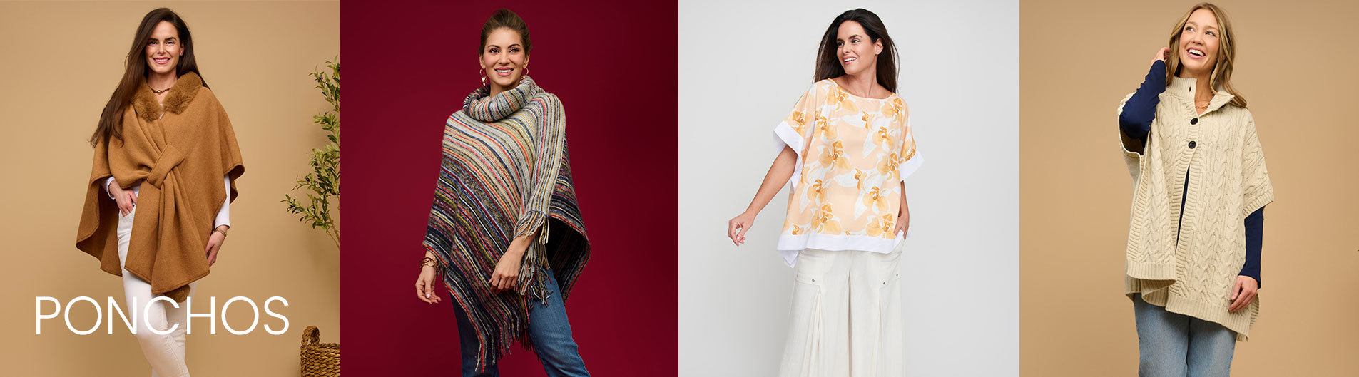Four women wearing ponchos on a white background
