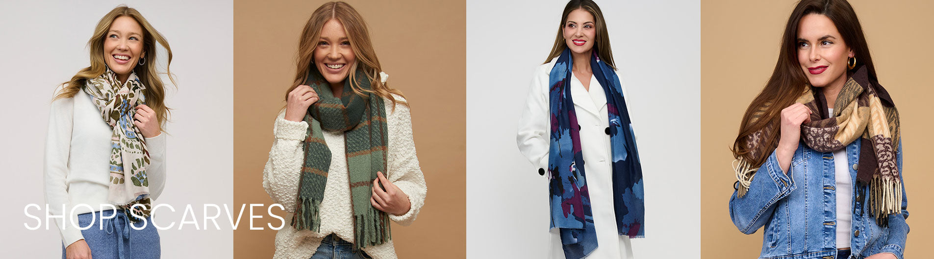 Four women wearing scarves in different styles and colors on a plain background.