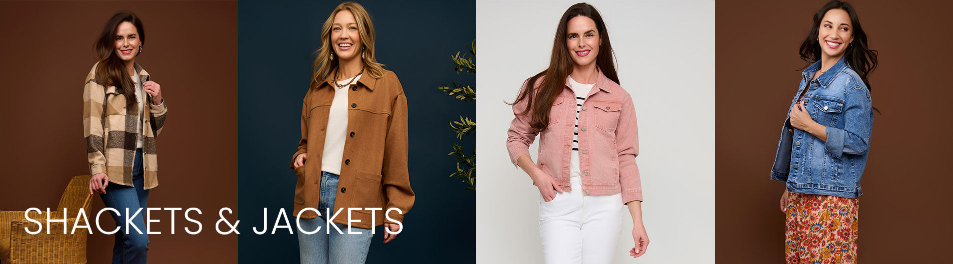 Four women wearing different jackets with the text 'Shackets & Jackets' below.