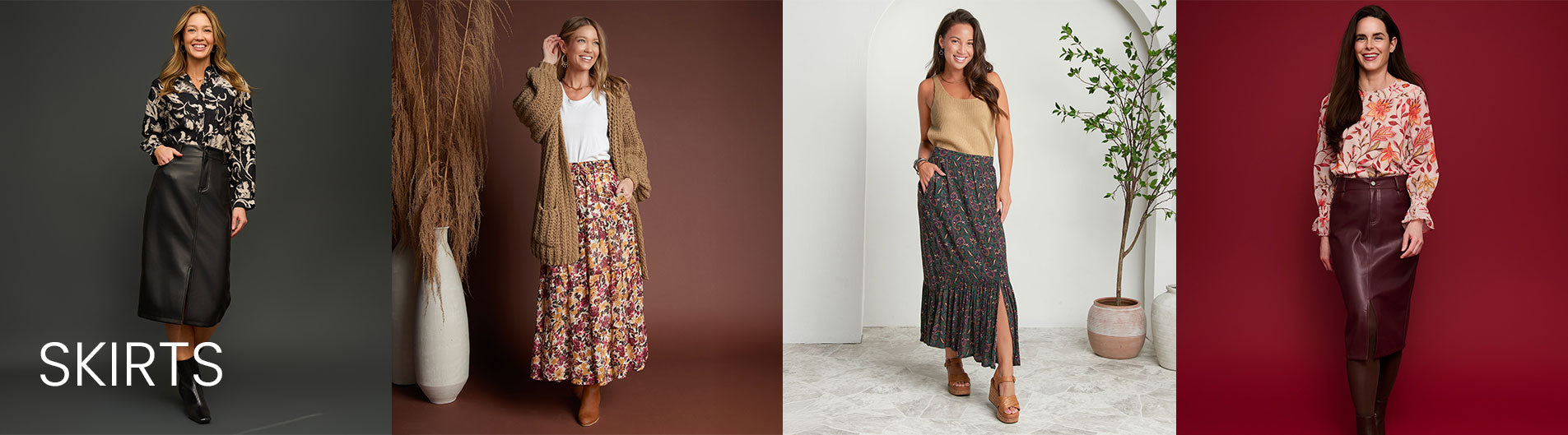 Four women modeling skirts in different styles and colors against various backgrounds.