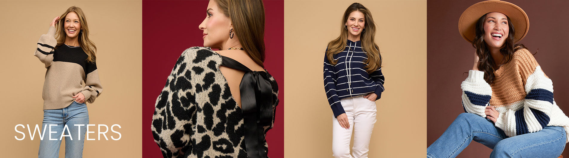 Four women wearing different styles of sweaters against various backgrounds.
