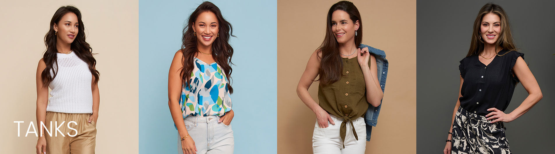 Four women wearing different tank tops on a beige background with 'TANKS' text.