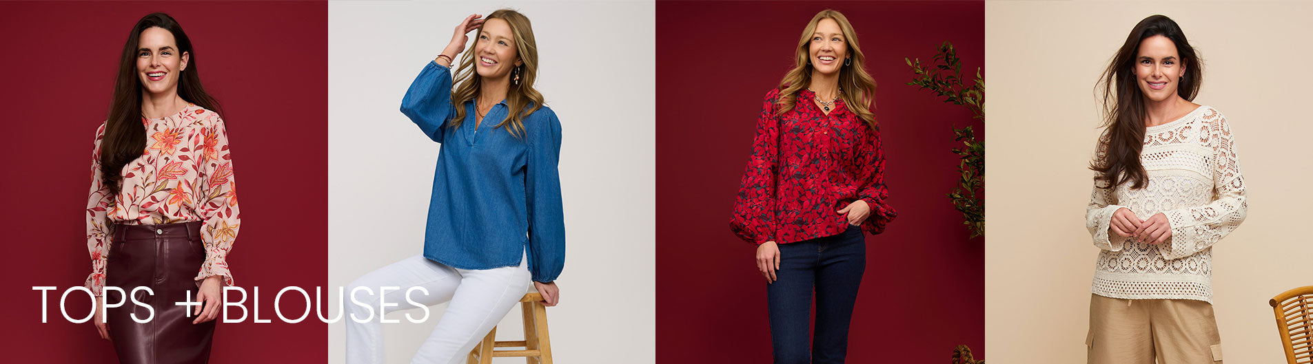 Four women wearing different tops and blouses against various backgrounds.