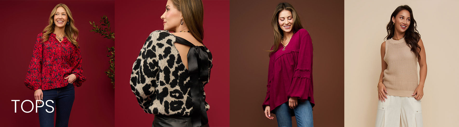 Four women modeling tops in different styles and colors on a solid background.